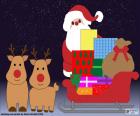 Рисование сани рождественских подарков, Санта Клаус и олени